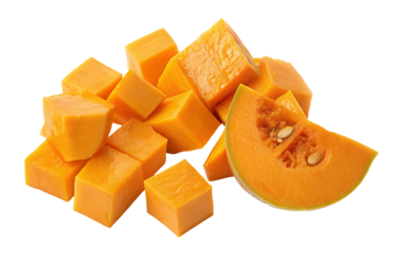 Fresh diced pumpkin cubes and sliced quarter on white background for healthy cooking recipes