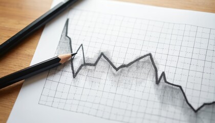 Pencil draws diagram with line going down on checkered paper. Falling graph, business decline concept. Investment risk. Market crash, financial loss. Crisis analysis, business strategy failure,