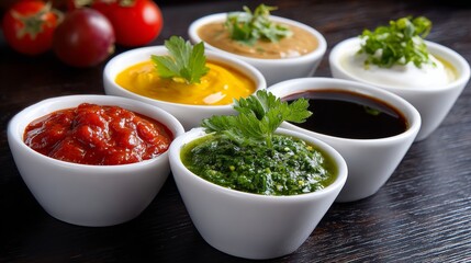 A row of white bowls with different colored sauces. The bowls are arranged in a row and are filled with various sauces