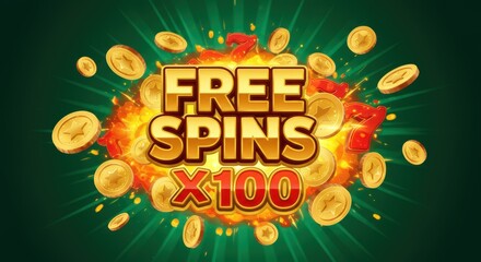 Thrilling casino free spins banner with falling gold coins and lucky number seven exploding in exciting celebration of winning chance