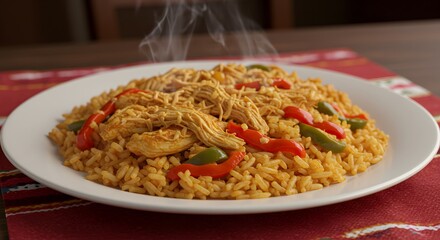 Steaming plate of chicken and rice with red and green peppers on a red patterned placemat on a table