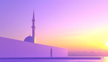 Fototapeta premium Minimalist modern mosque tower, dawn sky from lavender to gold.