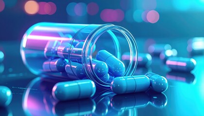 Blue pills spilling out of glass bottle on blue surface in studio shot