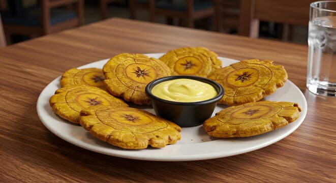 A plate of tostones with dipping sauce and a glass of water on a wooden table surface in a restaurant