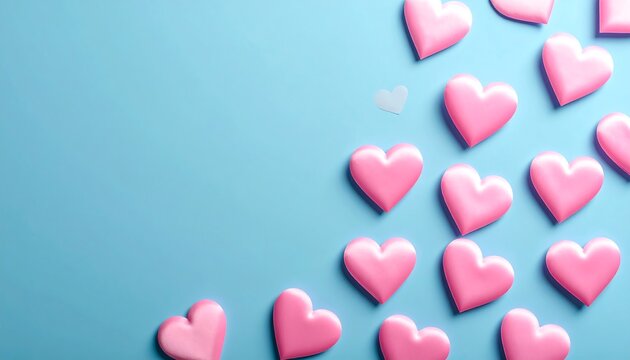 A pleasing arrangement of multiple pink hearts on a light blue background, showcasing a soft and romantic aesthetic.