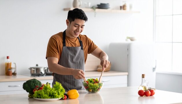 Healthy plantbased meal modern kitchen environment, vegetarian man mixing vegetable salad bowl preparing