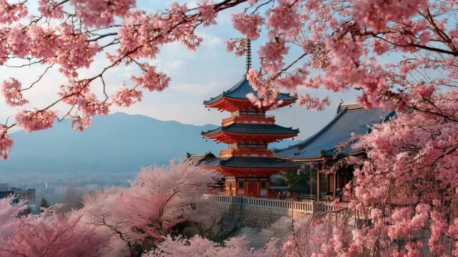 Traditional Japanese temple surrounded by blooming cherry blossoms with mountains in background symbol of Japan spring culture travel and nature scenic landscape with sakura flowers
