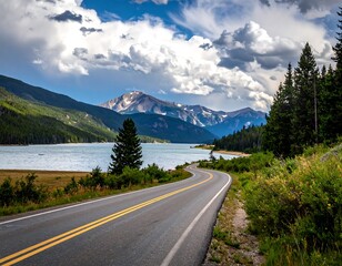 Fototapeta premium A winding highway snakes through a scenic mountain landscape, bordered by a tranquil lake and lush greenery, under a dramatic sky.