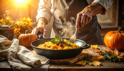 Chef preparing pumpkin risotto in skillet on wooden table in kitchen during fall