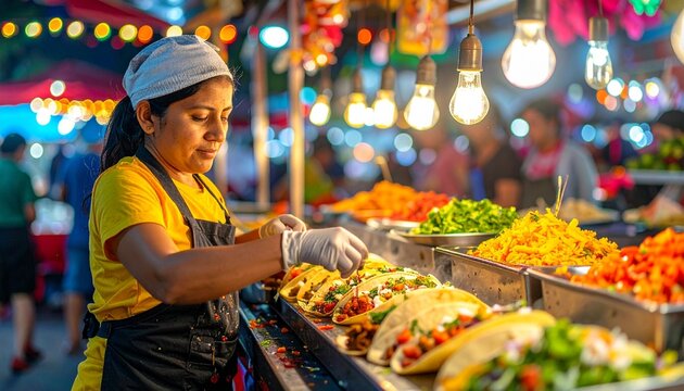 Ingredients spices bustling night market Mexico City, street food vendor preparing authentic tacos traditional