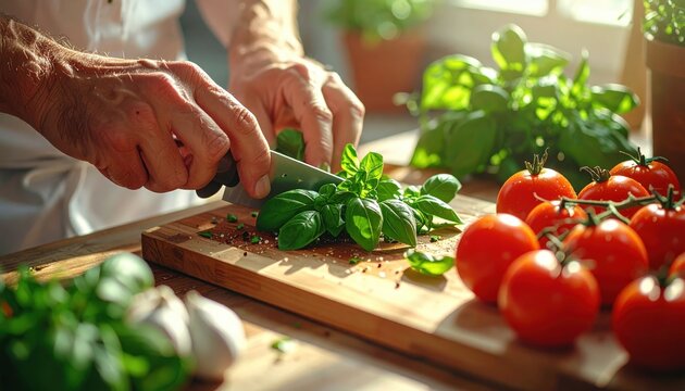 Chef cutting basil on wooden board with tomatoes in kitchen during daytime - Powered by Adobe