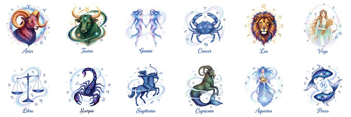 Colorful zodiac signs illustrated in a whimsical style, featuring astrological symbols and characters representing each sign, perfect for astrology enthusiasts and decorative purposes