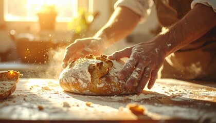 Baker dusting bread with flour in kitchen during daytime showing homemade baking