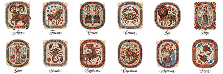 Colorful zodiac signs illustrated in intricate patterns, showcasing astrological symbols and vibrant designs, representing various personalities and traits in a decorative format