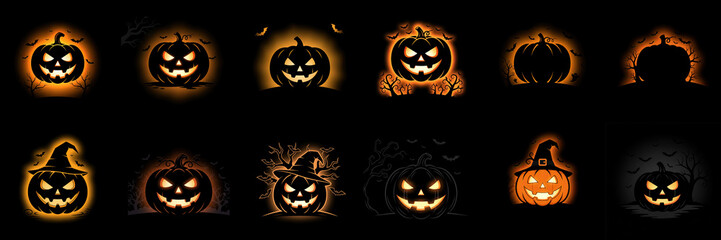 Collection of Halloween pumpkin illustrations featuring various expressions and designs, showcasing creativity and festive spirit in a vibrant and spooky atmosphere