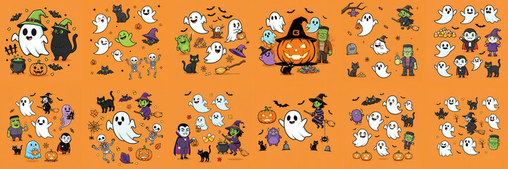 Colorful Halloween-themed flat illustration featuring playful ghosts, witches, pumpkins, and black cats, creating a festive atmosphere perfect for seasonal celebrations and decorations