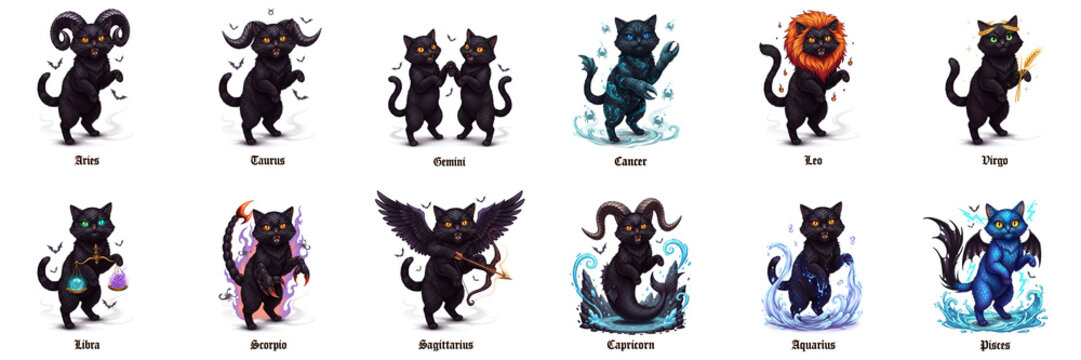 Black cat illustrations representing zodiac signs, featuring unique designs and vibrant colors, showcasing personality traits and astrological themes in a whimsical style