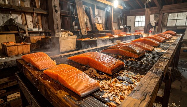 Traditional smoke house curing salmon using alder wood chips timehonored preservation methods optimal flavor development