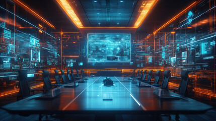Futuristic war room with digital conference table and illuminated data walls, global cyber operations center interior, blue and orange neon technology control room

