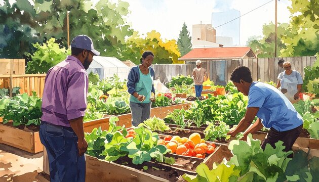 Community garden program teaching urban residents sustainable growing techniques nutrition education