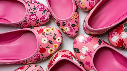Pretty pink ballet flats with floral designs arranged artistically together