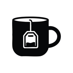 Black Tea Cup with Teabag Symbol. Elegant monochrome illustration of a warm beverage mug with a steeping infuser. Represents comfort, relaxation, and daily routines.