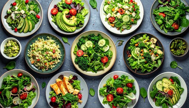 Green vegetables healthy food top shot copy space, fresh salads overhead flat lay shot assortment variety plates bowls