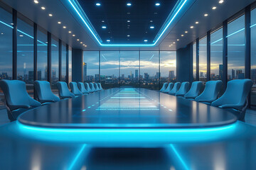 Futuristic war room with digital conference table and illuminated data walls, global cyber operations center interior, blue and orange neon technology control room


