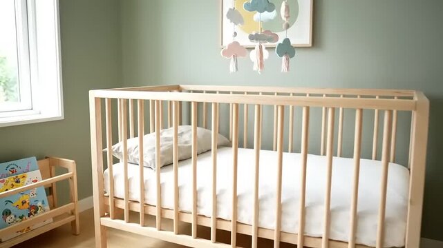 Babys Nursery with Wooden Crib, and Calm Room.