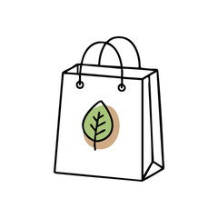 Sustainable Retail Bag Illustration. This minimalist graphic depicts a paper carrier with a vibrant plant emblem. It symbolizes environmental care, natural products, and responsible consumerism.