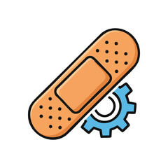 Health System Repair and Support. An illustrative graphic showing a plaster over a blue cog. This image symbolizes crucial operational maintenance, medical innovation, and overall wellbeing.