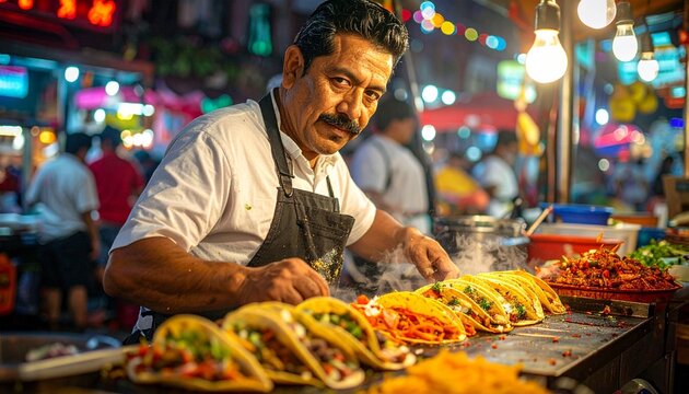 Street food vendor preparing authentic tacos traditional ingredients spices bustling night market Mexico City