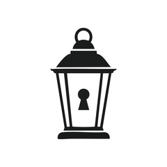 Enigmatic Lantern Keyhole Graphic. This elegant black and white vector symbol features an old lamp with a secure lock, representing privacy, discovery, or solutions.