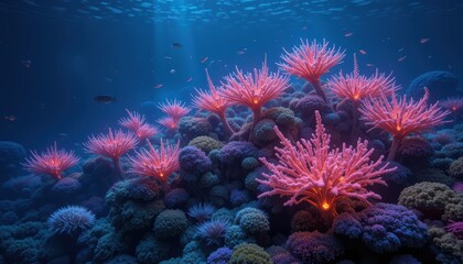 Fototapeta premium A coral reef with luminous sea anemones and fish