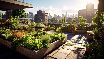 Roof garden with vegetables and herbs overlooking cityscape in daytime in summer