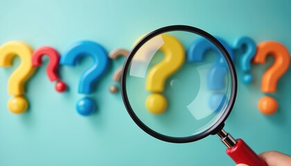 Magnifying glass focuses on colorful question mark symbols against a light blue background. Concept of inquiry research asking questions problem solving and learning in education