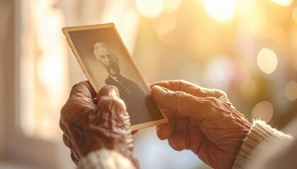 Wrinkled hands holding old picture of man indoors during daytime recalling memories