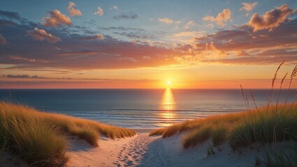 Serene sunset over ocean with sandy dunes and grass in foreground  