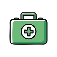 First Aid Kit for Health Emergencies. A cartoon illustration of a green medical case, signifying readiness and welfare assistance for urgent situations. Essential for personal care.