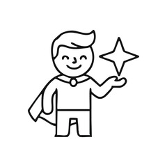 Superhero Achieving Greatness. A cheerful cartoon figure wearing a mantle presents a sparkling celestial object. Represents accomplishment, merit, top results, and stellar service.