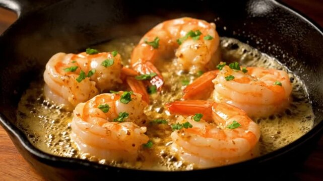 Plump shrimp scampi sizzling in a hot cast iron skillet with savory garlic butter sauce and parsley a perfect gourmet seafood entree for a delicious meal