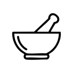 Pharmacy Grinding Bowl Pestle Icon. A simple black outline graphic depicting a classic medical tool, symbolizing healing, natural remedies, and precise formulation in various fields.