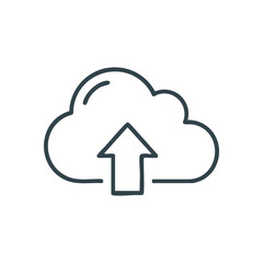 Cloud Upload Icon. Simple line symbol depicting digital content transmission to virtual storage. Represents progress, online backup, and seamless data access.
