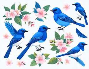 Floral, blue birds on white
