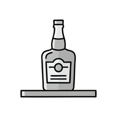 Liquor Bottle on Shelf Icon. Minimalist line art illustration of a classic alcoholic beverage container with a label, neatly placed on a display surface. Conveys choice, availability, or a.