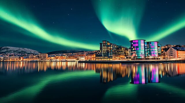 The video captures the mesmerizing display of the Aurora lights illuminating the city of Anchorage, Alaska, Oslo's architectural skyline under the northern lights, AI Generated