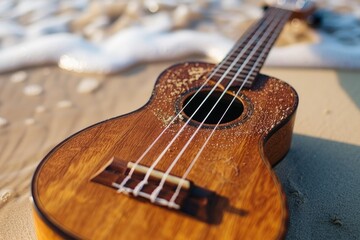 Obraz premium Brown wooden ukulele is lying on the beach with the waves hitting it