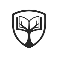 Wisdom Tree Book Emblem. This elegant graphic features a growing plant and an open volume within a protective crest, signifying intellectual development and enduring enlightenment.
