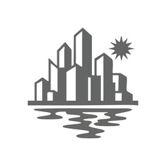 Fototapeta premium Modern Cityscape Waterfront Sun. Sleek metropolitan panorama with skyscrapers and a vibrant sun mirrored in placid waters. Symbolizes urban progress, innovation, and waterfront serenity.