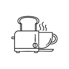 Toaster with Toast and Steaming Cup. Clean line drawing depicting a morning meal essential. This design symbolizes comfort, daily routine, and the simple joys of home life.